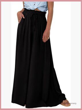 High Waist Wide Leg Palazzo Pants with Drawstring Elastic Waist and Side Pockets